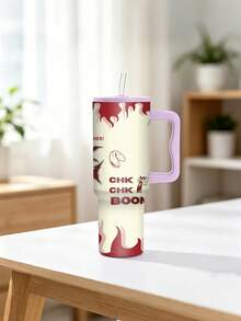 1pc/5pcs 40oz Red Flame CHK BOOM Letter Print Handle Travel Mug, Double-Wall Stainless Steel Large Capacity Cup, Street Style Pattern, Suitable For Office And Road Trips - Multi-color-flame - View 8