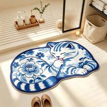 1pc Bathroom Rug, Short Plush Material With Designer Cat Print Pattern, Artistic Silhouette Design, Place At Shower Door, Easy-To-Clean Home Decor Carpet, Enhances Home Experience. Soft Texture, Comfortable Foot Feel, Can Be Placed In Bathroom, Beside Sink, Entryway And Other Areas - Baby Blue - View 9