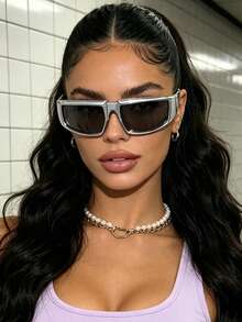 1PC Oversized Versatile Fashion Glasses, Full Frame Y2K Style Women's Personalized Glasses, Suitable For Travel, Vacation, Beach And Other Occasions - Silver - View 3