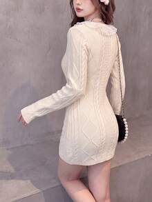 Women's Autumn/Winter Minimalist Elegant Sexy Style Lace Trim Dress - Beige - View 2
