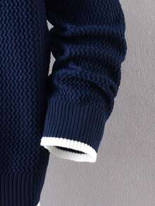 Boys' Round Neck Long Sleeve Knitted Sweater With Fine Ribbed Texture, Contrast Trim Design, Simple Casual Versatile Pullover, Suitable For School Daily Wear In Autumn/Winter - Navy Blue - View 6
