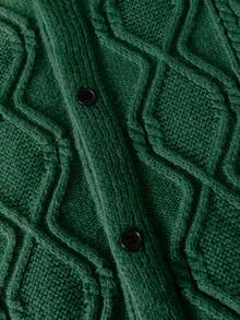Boys' Vintage Hooded Single-Breasted Long Sleeve Cable Knit Cardigan Sweater, 3D Textured Argyle Pattern, Casual Versatile Jacket For Daily Wear, School, Spring, Autumn, Winter - Green - View 5