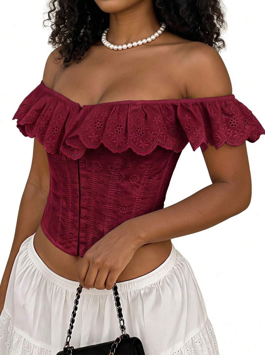 Blazique 性感刺繡荷葉邊前綁帶露背束腰上衣,優雅 Bustier,適合夏季派對與度假休閒 - 酒紅色 - 查看 1