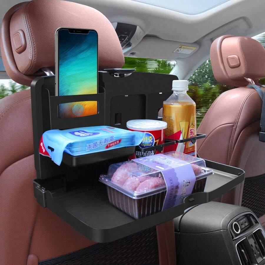 1/2pcs Multi-Function Car Back Seat Organizer, With Foldable Tray, Cup Holder And Phone Slot, Universal ABS Material Bracket, Car Back Seat Dining Table, Suitable For Food & Drinks, Car Storage, Camping Travel And Car Accessories - Black - View 1