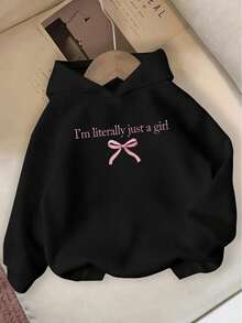 Women's Hooded Sweatshirt,Long-Sleeved Pullover Shirt,Printed"I Just..--"Words,And Decorated With A Pink Bow,Regular Version. - 黑色 - 查看 10