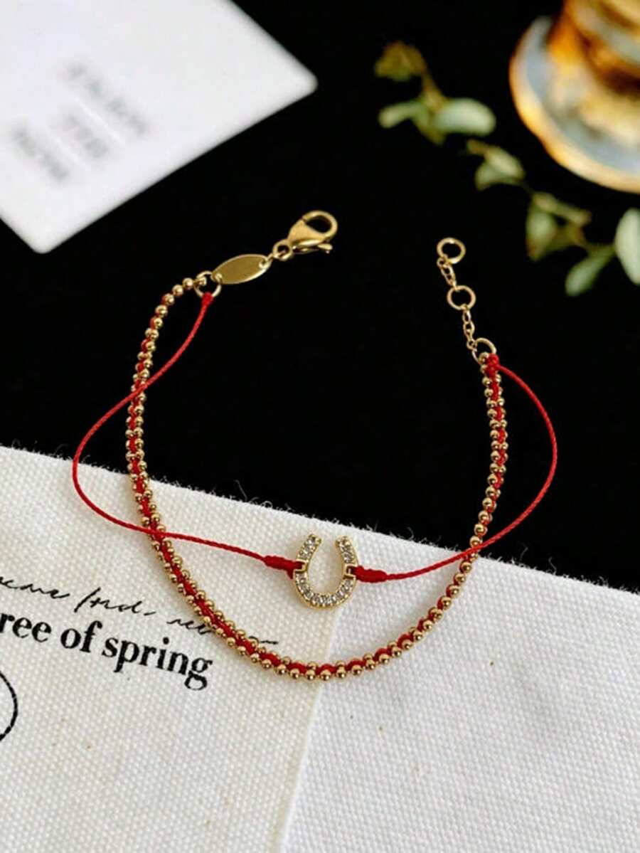 1 buah Gelang Tali Merah Berlian Tunggal Dua Lapis Gaya Cina Baru Mewah untuk Wanita, Perhiasan Gelang Kaki Desain Personalisasi Niche Kelas Atas yang Indah - Merah - View 1