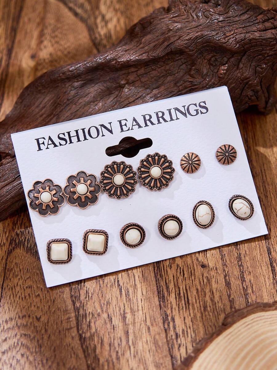 luodee 6 Pairs Vintage Western Style Turquoise Inlaid Stud Earrings, Multiple Styles Combination Earring Set, Bohemian Earring Set For Women, Gift For Women - Multicolor - View 1