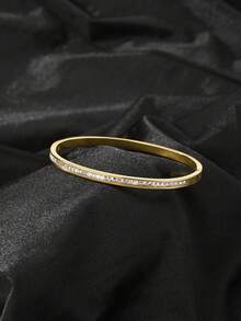 18K Gold Stainless Steel Diamond Heart-Shaped Bracelet Set, 14K Gold Cubic Zirconia Open Bangle, Fashionable Women's Daily Wear, Holiday Gift - Gold - View 9