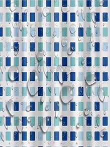 1pc PEVA Printed Waterproof Shower Curtain With Hooks, Blue & Green Plaid Bathroom Shower Curtain, Mildew-Resistant Dry & Wet Separation, Home Decor - Multicolor - View 3