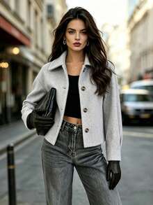 Women's Fashion Light Gray Short Coat, Collar And Button Closure, Long Regular Sleeves, Suitable For Autumn/Winter Wear - Light Grey - View 5