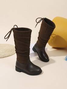 1 Pair Vintage Pleated Suede PU Lined Low Heel Mid-Calf Boots, Girls' Style, Fashionable And Versatile, Suitable For Autumn/Winter Wear - Brown - View 6