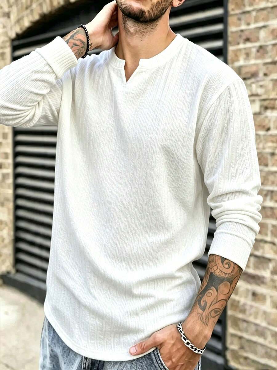 Men's American Textured Long Sleeve T-Shirt 2026 Spring/Autumn New Solid Color Casual Couple Versatile Loose Elastic V-Neck Undershirt Top - White - View 1