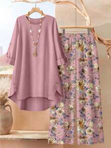 Plus Size Women Solid Color Round Neck Long Top And Floral Print Wide Leg Pants Casual Daily Outfit Vacation Pink Elegant - Pink - View 1