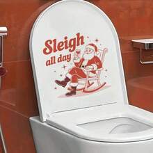 1pc Vintage Santa Claus Sitting In Rocking Chair Holding Wine Glass "Sleigh All Day" Toilet Tank Sticker, Removable PVC Funny Christmas Decor Sticker, Bathroom Personalized Holiday Atmosphere Sticker - Santa Claus - View 4
