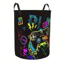 1pc Neon Game Controller Print Foldable Laundry Basket With Handle, Dirty Clothes Storage Bin, Multi-Functional Storage Box, Suitable For Gamer Bedroom, Game Room, Bathroom And Home Storage - Multicolor - View 3