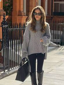 MORI Fall Winter Women Sweaters Y2K Preppy Grey Cable Knit Tops Mock Neck Loose Oversized Pullover Side Slit Office Streetwear Outfits - Grey - View 4
