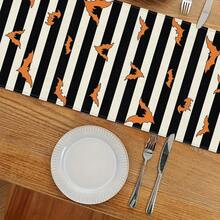 1pc Striped Ghost & Bat Spooky Print Halloween Home Decor Table Runner, Durable Polyester Stiff Fabric Decorative Tablecloth, Holiday Party Dining Table Atmosphere Desktop Arrangement - Black and White - View 4