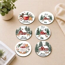 6pcs Christmas Element Pattern Printed Diatom Mud Coasters, Christmas Holiday, Can Be Used As Christmas Gifts, Christmas Decorations, Absorbent Beverage Coasters, Coffee Cup Coasters, Mug Coasters, Tea Cup Coasters, Desktop Protection Pads, Suitable For Dining Table, Coffee Table, Bar Counter And Office Desk Decoration - Multicolor - View 5