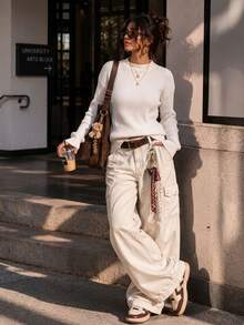 Women's Solid Color Round Neck Long Sleeve Knit Sweater, Casual Loose Soft Pullover Top, Autumn/Winter Daily Wear - White - View 4