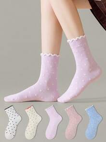ZUJO 5 Pairs Women's Cherry Color Mid-Calf Socks, Polka Dot Pattern, Suitable For Daily Wear, Simple And Comfortable, Random Color - Multicolor - View 2