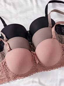 3pcs/Set Bra Wanita Seksi Berenda Tanpa Kawat dengan Cup Cetak, Mengangkat Payudara dan Mencegah Kendur, Desain Menggoda Kelas Atas, Membentuk Lekuk Tubuh dengan Sempurna - MultiWarna - View 4