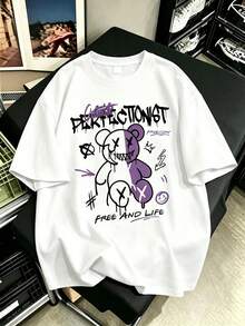 Vintage 1-Piece Short-Sleeve T-Shirt For Boys With Dark-Colored Graffiti Bear Print, Comfortable And Breathable, Casual Summer Top - White - View 2