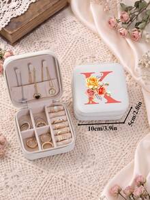 復古花卉字母旅行小珠寶盒，適用於項鍊與戒指，3.9in*2in PU皮革白色珠寶收納盒，適合女性，理想的節日禮物 - Floral Initials - 查看 30