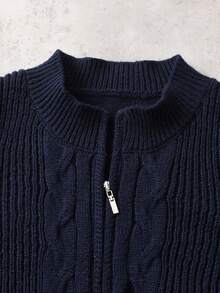 Boys' Stand Collar Zip-Up Cardigan Long Sleeve Knit Sweater With 3D Cable Texture, Casual Versatile Knit Jacket For School Daily Wear, Autumn/Winter - Navy Blue - View 4