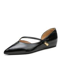 New French Style Pointed Toe Thin Strap Side Cutout 3cm Hidden Height Increase Flat Ballet Shoes Soft Sole Slip-On Mary Jane Shoes For Office Commute - Black - View 6