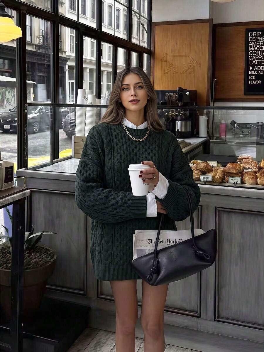 2026秋冬新款女式度假套裝 寬鬆街頭休閒優雅款 適合出遊約會返校穿搭 扭繩針織長袖圓領秋季上衣