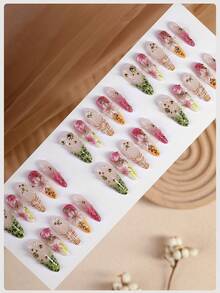Y2K Floral Acrylic Nail Tips 10pcs/Pack, Long Almond Shape Press-On Nails, DIY 3D Luxury Style Artificial Nails Set With Shell/Starfish/Gold Bead Decor, Suitable For Women Nail Salon Supplies - Multicolor - View 2