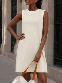 Leorrey 1pc Women's Fashion Long Tank Dress, Round Neck, Sleeveless, Ruched Cuffs, Loose, Soft, Comfortable, Sports Dress - Beige - View 11