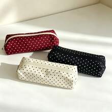 1pc Minimalist Polka Dot Pencil Case, Classic Solid Color Canvas Pencil Bag, Simple Zipper Stationery Storage Bag, Portable Small Cosmetic Organizer, Suitable For Students, Teenagers Back To School, Office Daily Use, 3 Colors Available,Back To School - Pencil Case - View 1
