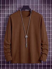 Casual Men's Home Wear Long Sleeve T-Shirt And Shorts 2 Pieces Set, Daily Loungewear Pajama Set - Brown - View 3