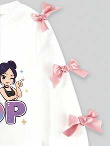 Young Girl Cartoon Print Round Neck Long Sleeve Top And Flared Pants Set - White - View 4