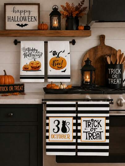4pcs Halloween Kitchen Towels Kitchen Cloths Polyester Hand Towels With Black-And-White Horizontal Striped Pumpkin Lantern And Black Cat Pattern Super Soft Woven Dishcloths Machine Washable Ideal For Holiday Gifts & Home Decor