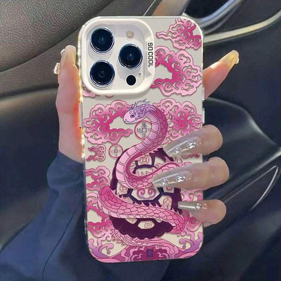 Chinese Style -2025 Year Of The Snake Phone Case With Pink Xiangyun Snake Pattern, Suitable For IPhone 16ProMax 16Pro 16Plus 16 15ProMax 15Pro 15Plus 15 14ProMax 14Pro 14Plus 14 13ProMax 13Pro 13 12ProMax 12Pro 12 11ProMax 11Pro 11 X Xs Xr XsMax, Fashionable Shock-Absorbing Phone Case - 銀色 - 查看 1