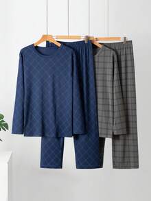 2 Sets Men's Autumn/Winter Long Sleeve Long Pants Pajama Set, Men's Plaid Print Autumn/Winter Loungewear Set - Multicolor - View 1