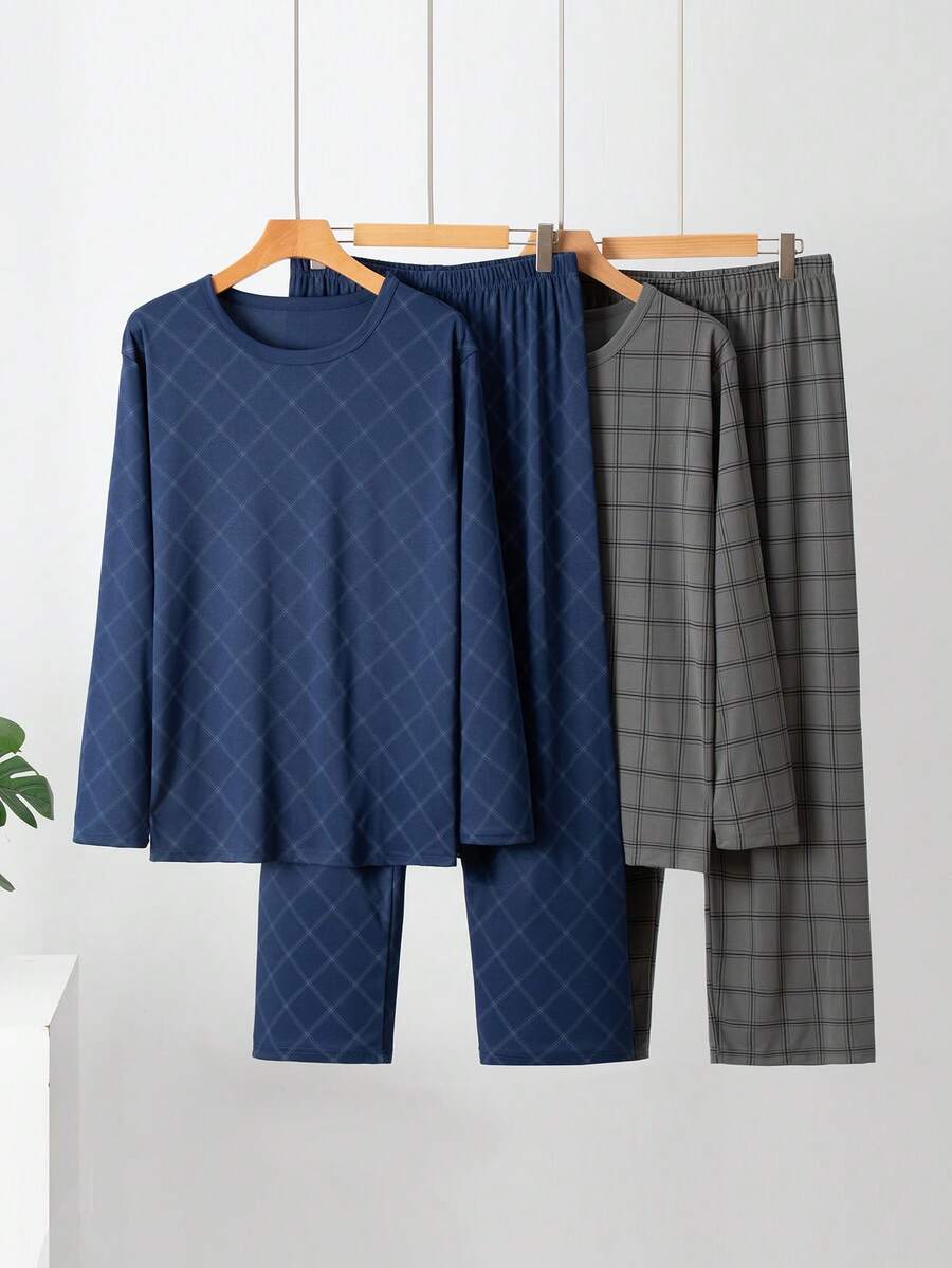 2 Sets Men's Autumn/Winter Long Sleeve Long Pants Pajama Set, Men's Plaid Print Autumn/Winter Loungewear Set - Multicolor - View 1