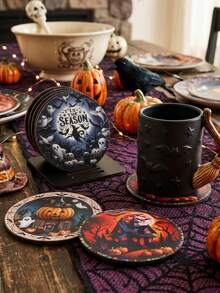 1 Set Halloween Wooden Coasters, Halloween Gothic Style Non-Slip Coasters, Halloween Decoration, Halloween Party Decoration, Halloween Trick Or Treat Decoration, Scary Halloween Decoration, Ghost BOO/Pumpkin/Witch Pattern Coasters, Home Decor, Tabletop Decor - Halloween Mix - View 9
