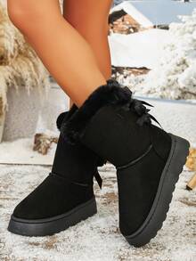 2026 Autumn/Winter New Women's Snow Boots With Back Bow, Plus Size Slip-On Mid-Calf Fashion Bread Boots - Black - View 5