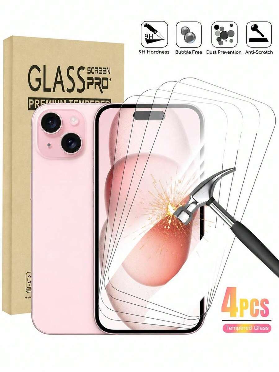 4片裝高畫質全螢幕鋼化玻璃螢幕保護貼，相容 iPhone 17/16/16e/16Pro/15/15Pro/14/Promax/11/X/Xs/7/8Plus 系列，9H 硬度，防刮保護，手機螢幕保護貼