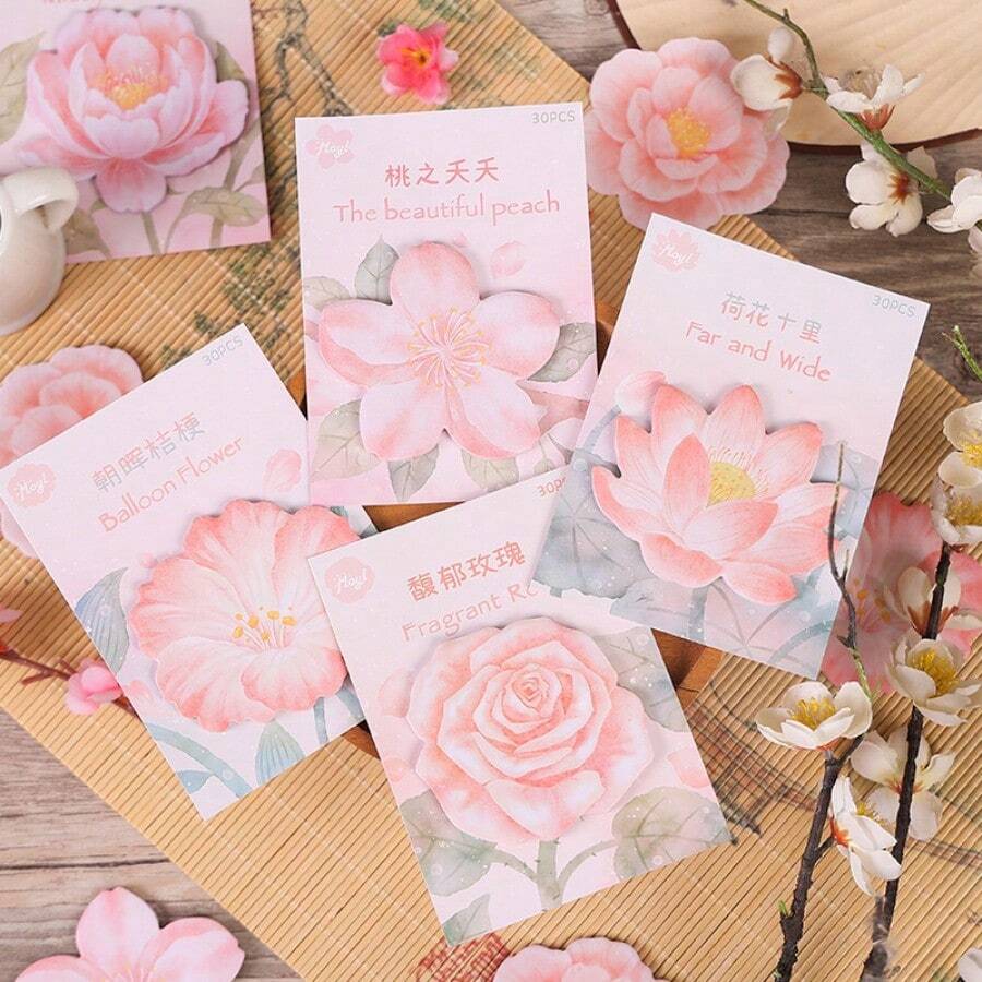 180 Sheets 6 Packs Assorted Chinese Style Floral Sticky Notes, Self-Adhesive Paper Flower Pattern Memo Pads, Decorative Adhesive Notes For Spring Wedding Party Decoration DIY Craft Stationery Supplies - 180 Sheets / 6 Packs - View 1