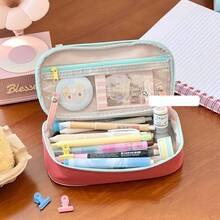 Japanese Style Fresh Cat Embroidery Pencil Case, Light Green And Soft Pink Dual Color Options, Cat And Clover Embroidery With Contrast Color, Soft And Healing. Large Capacity Multi-Compartment Design, Can Store Stationery, Cosmetics And Cards/Cameras, Dual Zipper Opening Convenient, Durable And Wear-Resistant Fabric, Suitable For Student Learning, Daily Makeup And More, Fresh And Practical Good Item. - Single Piece - View 5