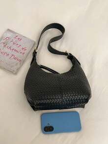 High-End Black Woven Texture Women's Tote Bag, Large Capacity, Adjustable Shoulder Strap, Shoulder, Commute, Large Size - Black - View 7