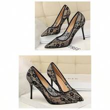 Women Black Floral Lace Mesh Pointed Toe Stiletto Pumps, Sheer See‑Through Slip‑On High Heel Dress Shoes For Wedding Party Club Evening - Negro - Ver 5