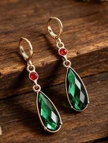 1 Pair Vintage Palace Style Synthetic Emerald Earrings, Gold-Tone Luxury Elegant Exquisite Women's Gift - Yellow Gold - View 6