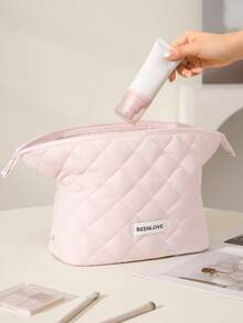 Fashionable Multifunctional Quilted Cosmetic Bag, Portable Zipper Travel Toiletry Bag, Classic Large Capacity Puffy Makeup Organizer, Casual Handbag, Warm Down-Like Texture Small Bag, Suitable For Vacation Travel, Weekend Trips And College Dorm Daily Use - Multicolor - View 2