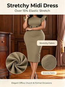 NOU Women's Mid-Length Dress With Wide Boat Neck Design To Flatter Neckline, Basic Short Sleeves, Waist-Cinched Bodycon Silhouette To Enhance Body - Khaki - View 2