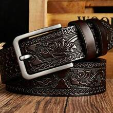 Cinturón de estilo vintage para hombre con artesanía en relieve y hebilla de aleación, práctico y con relieve - Marrón - Ver 2